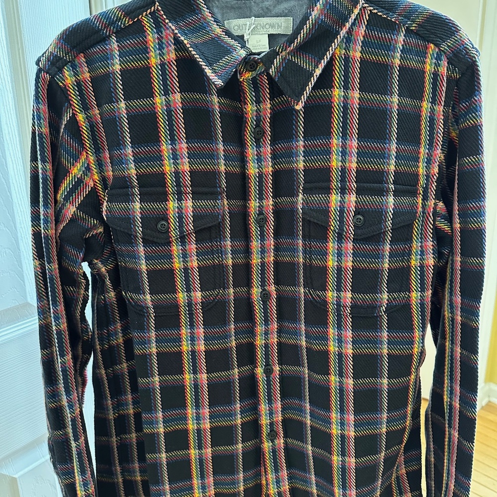 Outerknown Men's Blanket Shirt True Black Rainbow Plaid Size Small